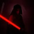 Portrait of a silhouette star wars figure in her red lightsaber, in the style of evocative environmental portraits, dark, red