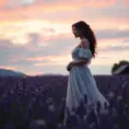 Morgana, the embodiment of twilight, stands in a field of lavender under a sky painted with the hues of dusk, her silhouette softly illuminated by the last rays of the setting sun, portrayed in a soft, dreamy pastel style.