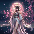 An ethereal Akali, surrounded by a halo of cherry blossom petals, her outfit a blend of traditional and modern styles, set against a twilight sky with a full moon.