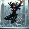 An action-ready Akali, leaping through the air in a black leather combat suit, with a cityscape skyline visible through a shattered glass window behind her.