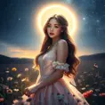 An ethereal Miss Fortune, surrounded by a halo of soft, glowing light, standing amidst a field of wildflowers under a starry night sky, her expressions softened, showcasing a rare moment of tranquility and beauty.