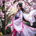 A mesmerizing Ahri, her attire a blend of traditional Korean hanbok and modern elegance, standing in a serene garden of cherry blossoms, the wind gently stirring her garments, enhancing her graceful and alluring presence.