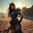 A captivating Ahri, her body wrapped in intricate, black leather armor, detailed with silver accents, standing in a desolate, post-apocalyptic wasteland, the setting sun casting long shadows that highlight her powerful stance.