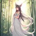 Ahri, portrayed in a classic anime style, with flowing, translucent tails and a gentle, serene expression, standing in a tranquil bamboo forest at dawn, the soft light enhancing her delicate features.