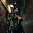 A fierce Akali clad in sleek black leather, standing in a dimly lit urban alley with graffiti-covered walls, her eyes glowing with a mysterious light.