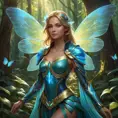 Imagine Kayle in a serene forest glade, her armor transformed into a gown of leaves and flowers, her wings shimmering with bioluminescent light, as she gently touches a glowing butterfly floating by.