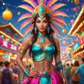 Akali in a vibrant, colorful carnival setting, dressed in a costume that combines elements of her cultural heritage with carnival flair, surrounded by festive lights and decorations.