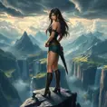 Tifa Lockhart standing at the edge of a cliff, overlooking a vast, mystical landscape of mountains and waterfalls, her pose exuding confidence and serenity, with a dramatic sky filled with swirling clouds