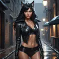 A fierce and alluring Ahri, clad in sleek black leather, her form accentuated by the tight, reflective material, standing under a rain-soaked streetlamp in a dark, urban alley, her eyes glowing with a mysterious light.