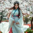 A mesmerizing Ahri, her attire a blend of traditional Korean hanbok and modern elegance, standing in a serene garden of cherry blossoms, the wind gently stirring her garments, enhancing her graceful and alluring presence.