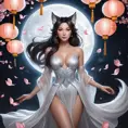 An ethereal Ahri, depicted in a surreal, dream-like setting, surrounded by floating lanterns and cherry petals, her form softly illuminated by a mystical moon, capturing her otherworldly grace.