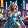 Ahri, styled in a futuristic, holographic outfit, her form dynamically posed against a backdrop of a bustling, neon-lit city at night, her eyes glowing with a captivating, otherworldly light, showcasing her dynamic and alluring persona.