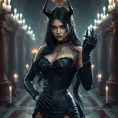 Ahri, styled in a gothic, black leather corset and long gloves, her features sharp and intense, posed in a grand, candlelit hall, the atmosphere both dark and enchanting, showcasing her alluring mystique.