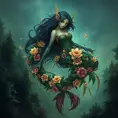 A majestic Morgana, her body composed of interwoven vines and blooming night-blooming flowers, floats above a misty forest floor, her eyes a luminous green, captured in a vibrant, fantasy illustration style.