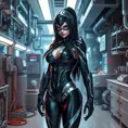 Akali in a cybernetic black leather suit, her body enhanced with metallic accents, standing in a futuristic laboratory filled with high-tech equipment.