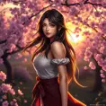 A stunning Tifa Lockhart standing in a serene cherry blossom garden at sunset, her hair flowing gently in the breeze, with a soft, warm glow illuminating her face, capturing her iconic beauty and strength