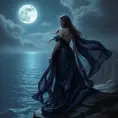 An ethereal Morgana, her form cloaked in a flowing, midnight-black gown that shimmers with hints of deep purple, stands atop a cliff overlooking a moonlit sea, her hair cascading like a river of night, rendered in a hyper-realistic style.