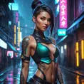 Akali in a futuristic cyberpunk setting, her body adorned with neon tattoos glowing against the dark alley backdrop, with rain-soaked streets reflecting the city lights.