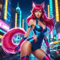 Ahri, captured in a vibrant, comic book style, with dynamic poses and bold colors, set in a bustling, futuristic cityscape at night, her tails illuminated by neon lights, showcasing her energetic and charismatic nature.