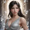 Tifa Lockhart in a classic, elegant dress, surrounded by floating crystals and soft, ethereal light, her expression calm and composed, capturing a moment of peace and reflection