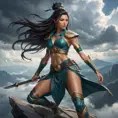 Akali as a mythical warrior, standing atop a mountain peak with a stormy sky overhead, her clothing and weapons detailed with ancient runes and symbols, the wind blowing her hair dramatically.