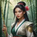 A stunning Akali, rendered in the style of a classic oil painting, with intricate details highlighting her traditional attire and the serene backdrop of a misty bamboo forest.