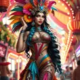 Akali in a vibrant, colorful carnival setting, dressed in a costume that combines elements of her cultural heritage with carnival flair, surrounded by festive lights and decorations.