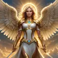 A stunning portrait of Kayle, the archangel of justice, rendered in a hyper-realistic style with intricate details, glowing wings, and a radiant halo, set against a backdrop of a celestial battlefield bathed in golden light.