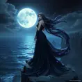 An ethereal Morgana, her form cloaked in a flowing, midnight-black gown that shimmers with hints of deep purple, stands atop a cliff overlooking a moonlit sea, her hair cascading like a river of night, rendered in a hyper-realistic style.