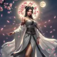 An ethereal Akali, surrounded by a halo of cherry blossom petals, her outfit a blend of traditional and modern styles, set against a twilight sky with a full moon.