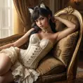 A seductive Ahri, posed languidly on a velvet chaise lounge, dressed in a vintage, lace-detailed corset, her tails curling softly around her, the room bathed in soft, golden light, capturing her timeless beauty.