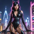 Ahri, dressed in a seductive black leather bodysuit, her tails flowing elegantly behind her, posed atop a high-tech, neon-lit platform in a futuristic cityscape, capturing her dominance and elegance.