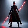 Portrait of a silhouette star wars figure in her red lightsaber, in the style of evocative environmental portraits, dark, red