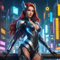 Miss Fortune in a futuristic, cyberpunk cityscape, neon lights reflecting off her cybernetic enhancements, her classic attire fused with high-tech elements, emphasizing her as a symbol of strength and adaptability in a changing world.