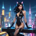 Ahri, dressed in a seductive black leather bodysuit, her tails flowing elegantly behind her, posed atop a high-tech, neon-lit platform in a futuristic cityscape, capturing her dominance and elegance.