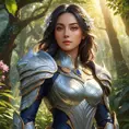 A digital illustration of Irelia, her armor intricately detailed with patterns of leaves and flowers, standing in a sunlit glade, where beams of light pierce through the foliage, highlighting her serene yet powerful stance.