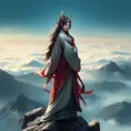 A majestic Ahri, in a detailed, realistic digital art style, wearing a traditional Korean hanbok, standing on a misty mountain peak overlooking a vast, serene landscape, emphasizing her regal and serene presence.