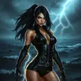 Akali in a high-contrast black leather outfit, posed dramatically against a backdrop of a stormy sea, with lightning illuminating her form.