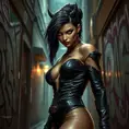 A fierce Akali clad in sleek black leather, standing in a dimly lit urban alley with graffiti-covered walls, her eyes glowing with a mysterious light.