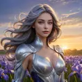 A stunning Irelia, with her hair flowing like liquid silver under a twilight sky, standing amidst a field of luminescent irises that glow with a soft, otherworldly light, emphasizing her ethereal beauty.