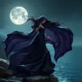 An ethereal Morgana, her form cloaked in a flowing, midnight-black gown that shimmers with hints of deep purple, stands atop a cliff overlooking a moonlit sea, her hair cascading like a river of night, rendered in a hyper-realistic style.