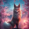 A stunning Ahri, the Nine-Tailed Fox, rendered in a hyper-realistic style with intricate fur details and vibrant, glowing eyes, standing amidst a serene cherry blossom grove under a twilight sky.