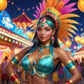 Akali in a vibrant, colorful carnival setting, dressed in a costume that combines elements of her cultural heritage with carnival flair, surrounded by festive lights and decorations.