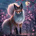 A stunning Ahri, the Nine-Tailed Fox, rendered in a hyper-realistic style with intricate fur details and vibrant, glowing eyes, standing amidst a serene cherry blossom grove under a twilight sky.