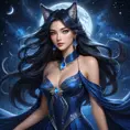 An enchanting Ahri, her form draped in a flowing, ethereal gown of midnight blue, adorned with stars and moons, standing beneath a celestial canopy, her eyes reflecting the cosmos, embodying cosmic allure.