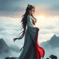 A majestic Ahri, in a detailed, realistic digital art style, wearing a traditional Korean hanbok, standing on a misty mountain peak overlooking a vast, serene landscape, emphasizing her regal and serene presence.