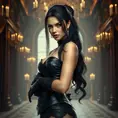 Ahri, styled in a gothic, black leather corset and long gloves, her features sharp and intense, posed in a grand, candlelit hall, the atmosphere both dark and enchanting, showcasing her alluring mystique.