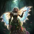 Imagine Kayle in a serene forest glade, her armor transformed into a gown of leaves and flowers, her wings shimmering with bioluminescent light, as she gently touches a glowing butterfly floating by.