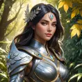 A digital illustration of Irelia, her armor intricately detailed with patterns of leaves and flowers, standing in a sunlit glade, where beams of light pierce through the foliage, highlighting her serene yet powerful stance.