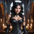 Ahri, styled in a gothic, black leather corset and long gloves, her features sharp and intense, posed in a grand, candlelit hall, the atmosphere both dark and enchanting, showcasing her alluring mystique.